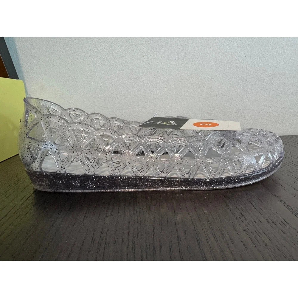Art Class Lena Jelly Sandals girls Size 2 Clear Glitter Lattice Cutout Flats